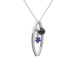 Siyah inci, swarovski ve lab safir 14 ayar beyaz altın kolye (40 cm gümüş rolo zincir)