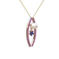 Lenta İnci Kolye - Inci, ametist ve lab safir 8 ayar rose altın kolye (40 cm altın rolo zincir) #khvth9