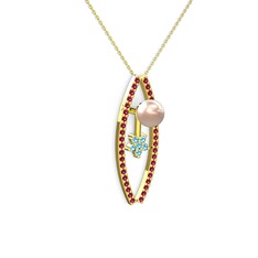 Lenta İnci Kolye - Pembe inci, rodolit garnet ve akuamarin 18 ayar altın kolye (40 cm altın rolo zincir) #kj6pi4