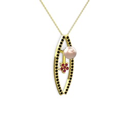 Lenta İnci Kolye - Pembe inci, siyah zirkon ve rodolit garnet 8 ayar altın kolye (40 cm altın rolo zincir) #kmo39w