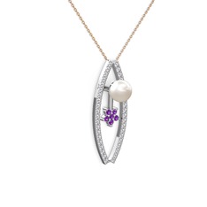 Lenta İnci Kolye - Inci, swarovski ve ametist 18 ayar beyaz altın kolye (40 cm rose altın rolo zincir) #kndwyu