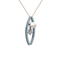 Lenta İnci Kolye - Inci, akuamarin ve pırlanta 925 ayar siyah rodyum kaplama gümüş kolye (0.066 karat, 40 cm rose altın rolo zincir) #knlxjj