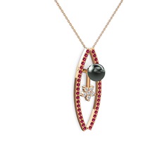 Lenta İnci Kolye - Siyah inci, rodolit garnet ve pırlanta 14 ayar rose altın kolye (0.066 karat, 40 cm rose altın rolo zincir) #knra77
