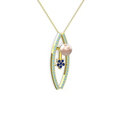 Lenta İnci Kolye - Pembe inci, akuamarin ve lab safir 8 ayar altın kolye (40 cm altın rolo zincir) #kxm7w6