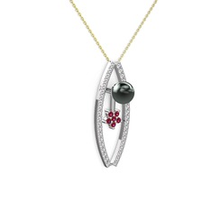 Siyah inci, pırlanta ve rodolit garnet 18 ayar beyaz altın kolye (0.3 karat, 40 cm altın rolo zincir)