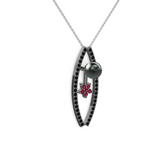 Lenta İnci Kolye - Siyah inci, siyah zirkon ve rodolit garnet 925 ayar siyah rodyum kaplama gümüş kolye (40 cm beyaz altın rolo zincir) #kzdhry