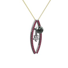 Siyah inci, rodolit garnet ve swarovski 925 ayar siyah rodyum kaplama gümüş kolye (40 cm altın rolo zincir)