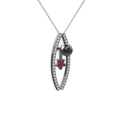 Lenta İnci Kolye - Siyah inci, pırlanta ve rodolit garnet 925 ayar siyah rodyum kaplama gümüş kolye (0.3 karat, 40 cm beyaz altın rolo zincir) #l2yvry