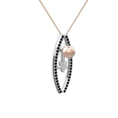 Lenta İnci Kolye - Pembe inci, siyah zirkon ve swarovski 8 ayar beyaz altın kolye (40 cm rose altın rolo zincir) #lgq78