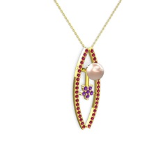 Lenta İnci Kolye - Pembe inci, rodolit garnet ve ametist 18 ayar altın kolye (40 cm altın rolo zincir) #lnhn7z