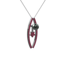 Lenta İnci Kolye - Siyah inci ve rodolit garnet 925 ayar siyah rodyum kaplama gümüş kolye (40 cm beyaz altın rolo zincir) #lrg0qb