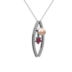Lenta İnci Kolye - Pembe inci, swarovski ve rodolit garnet 925 ayar siyah rodyum kaplama gümüş kolye (40 cm beyaz altın rolo zincir) #m13cap