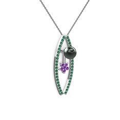 Lenta İnci Kolye - Siyah inci, yeşil kuvars ve ametist 8 ayar beyaz altın kolye (40 cm gümüş rolo zincir) #mc5q2m