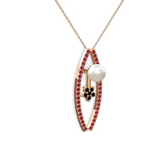 Lenta İnci Kolye - Inci, rodolit garnet ve siyah zirkon 925 ayar rose altın kaplama gümüş kolye (40 cm rose altın rolo zincir) #n09bk9