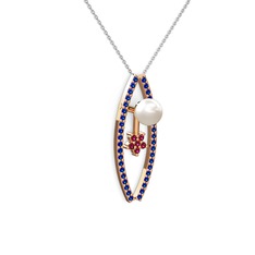 Lenta İnci Kolye - Inci, lab safir ve rodolit garnet 18 ayar rose altın kolye (40 cm beyaz altın rolo zincir) #n0yev8