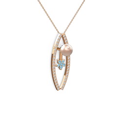 Pembe inci, pırlanta ve akuamarin 18 ayar rose altın kolye (0.3 karat, 40 cm gümüş rolo zincir)