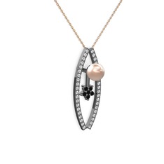 Lenta İnci Kolye - Pembe inci, swarovski ve siyah zirkon 925 ayar siyah rodyum kaplama gümüş kolye (40 cm rose altın rolo zincir) #na332x