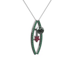 Siyah inci, yeşil kuvars ve rodolit garnet 925 ayar siyah rodyum kaplama gümüş kolye (40 cm beyaz altın rolo zincir)