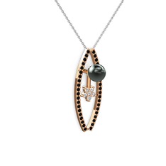 Siyah inci, siyah zirkon ve swarovski 8 ayar rose altın kolye (40 cm beyaz altın rolo zincir)