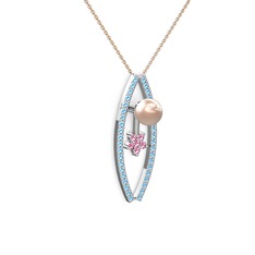 Pembe inci, akuamarin ve pembe kuvars 18 ayar beyaz altın kolye (40 cm rose altın rolo zincir)