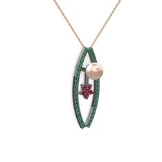 Lenta İnci Kolye - Pembe inci, yeşil kuvars ve rodolit garnet 925 ayar siyah rodyum kaplama gümüş kolye (40 cm rose altın rolo zincir) #nkwr1r