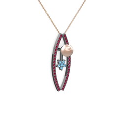 Pembe inci, rodolit garnet ve akuamarin 925 ayar siyah rodyum kaplama gümüş kolye (40 cm gümüş rolo zincir)
