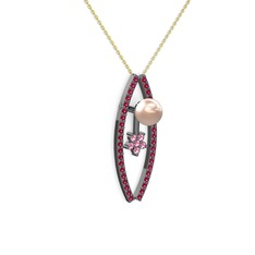 Pembe inci, rodolit garnet ve pembe kuvars 925 ayar siyah rodyum kaplama gümüş kolye (40 cm altın rolo zincir)