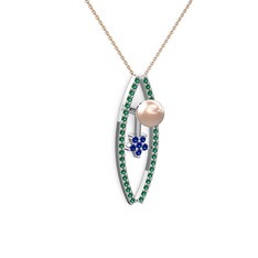 Pembe inci, yeşil kuvars ve lab safir 925 ayar gümüş kolye (40 cm rose altın rolo zincir)