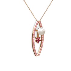 Inci, pembe kuvars ve rodolit garnet 8 ayar rose altın kolye (40 cm rose altın rolo zincir)