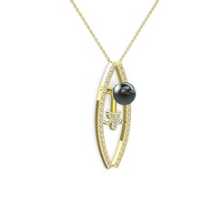 Lenta İnci Kolye - Siyah inci, pırlanta ve swarovski 14 ayar altın kolye (0.3 karat, 40 cm altın rolo zincir) #odbswr