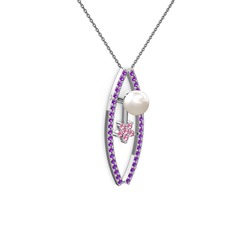 Lenta İnci Kolye - Inci, ametist ve pembe kuvars 18 ayar beyaz altın kolye (40 cm gümüş rolo zincir) #oexs81