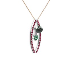 Lenta İnci Kolye - Siyah inci, rodolit garnet ve yeşil kuvars 18 ayar beyaz altın kolye (40 cm rose altın rolo zincir) #okmhnm