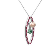Lenta İnci Kolye - Pembe inci, rodolit garnet ve yeşil kuvars 18 ayar beyaz altın kolye (40 cm beyaz altın rolo zincir) #onznry