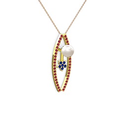 Lenta İnci Kolye - Inci, rodolit garnet ve lab safir 18 ayar altın kolye (40 cm rose altın rolo zincir) #ops1mq