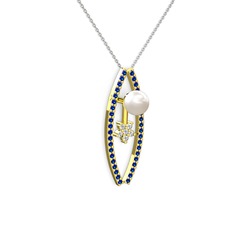 Lenta İnci Kolye - Inci, lab safir ve swarovski 18 ayar altın kolye (40 cm beyaz altın rolo zincir) #p0gc9