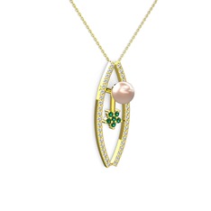 Pembe inci, swarovski ve yeşil kuvars 14 ayar altın kolye (40 cm gümüş rolo zincir)