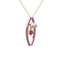 Pembe inci, ametist ve rodolit garnet 18 ayar rose altın kolye (40 cm gümüş rolo zincir)