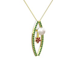 Lenta İnci Kolye - Inci, yeşil kuvars ve rodolit garnet 8 ayar altın kolye (40 cm gümüş rolo zincir) #p9eoou