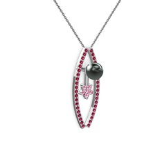 Lenta İnci Kolye - Siyah inci, rodolit garnet ve pembe kuvars 8 ayar beyaz altın kolye (40 cm gümüş rolo zincir) #pr5vrk