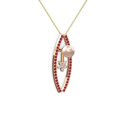 Lenta İnci Kolye - Pembe inci, rodolit garnet ve pırlanta 14 ayar rose altın kolye (0.066 karat, 40 cm altın rolo zincir) #prqc0k