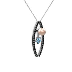 Lenta İnci Kolye - Pembe inci, siyah zirkon ve akuamarin 925 ayar siyah rodyum kaplama gümüş kolye (40 cm beyaz altın rolo zincir) #puiudz