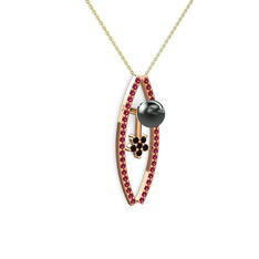 Siyah inci, rodolit garnet ve siyah zirkon 14 ayar rose altın kolye (40 cm altın rolo zincir)