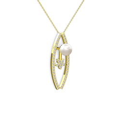 Lenta İnci Kolye - Inci ve pırlanta 925 ayar altın kaplama gümüş kolye (0.366 karat, 40 cm altın rolo zincir) #qh5yjx