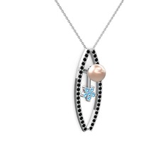 Lenta İnci Kolye - Pembe inci, siyah zirkon ve akuamarin 14 ayar beyaz altın kolye (40 cm beyaz altın rolo zincir) #qrbpoy