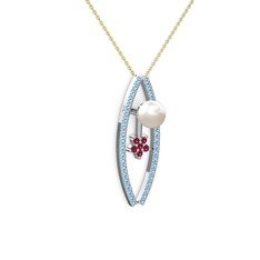 Lenta İnci Kolye - Inci, akuamarin ve rodolit garnet 8 ayar beyaz altın kolye (40 cm altın rolo zincir) #qtl1of