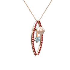 Lenta İnci Kolye - Pembe inci, rodolit garnet ve akuamarin 18 ayar rose altın kolye (40 cm rose altın rolo zincir) #ripmj2