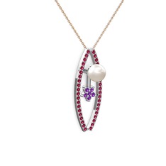 Inci, rodolit garnet ve ametist 8 ayar beyaz altın kolye (40 cm rose altın rolo zincir)