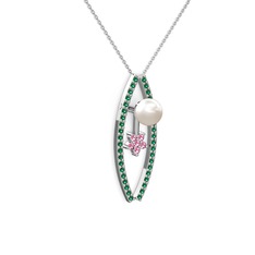 Inci, yeşil kuvars ve pembe kuvars 14 ayar beyaz altın kolye (40 cm beyaz altın rolo zincir)