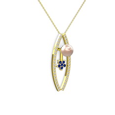 Lenta İnci Kolye - Pembe inci, swarovski ve lab safir 18 ayar altın kolye (40 cm altın rolo zincir) #s09zdr