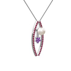 Lenta İnci Kolye - Inci, rodolit garnet ve ametist 8 ayar beyaz altın kolye (40 cm gümüş rolo zincir) #s0aze4